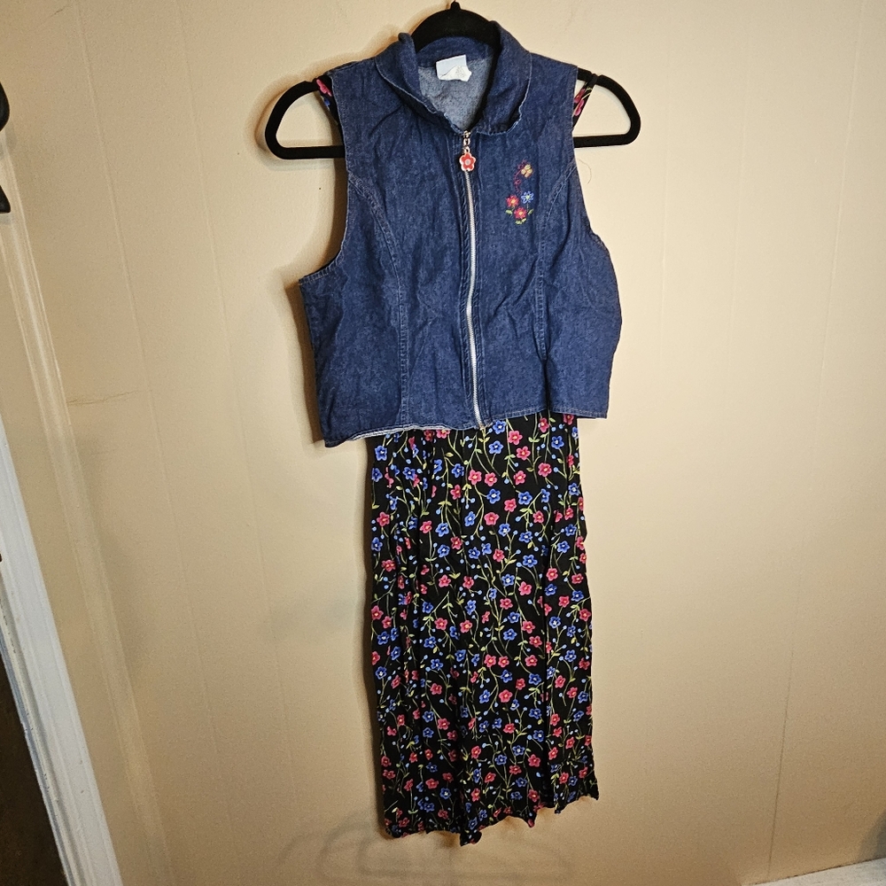 Vintage 90s Early Y2K Set of Zippered Jean Vest with Black Floral Sheath Dress